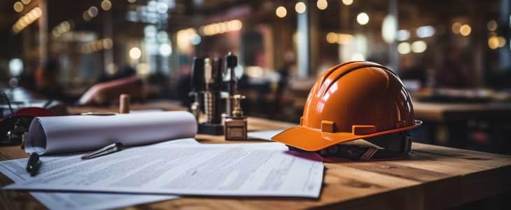 Orange hard hat on table with paperwork.