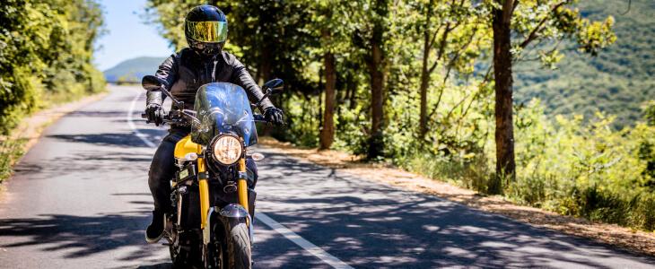 Motorcyclist riding on a scenic, tree-lined road.