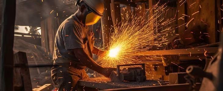 Construction worker surrounded by sparks, representing workers' compensation in Georgia.