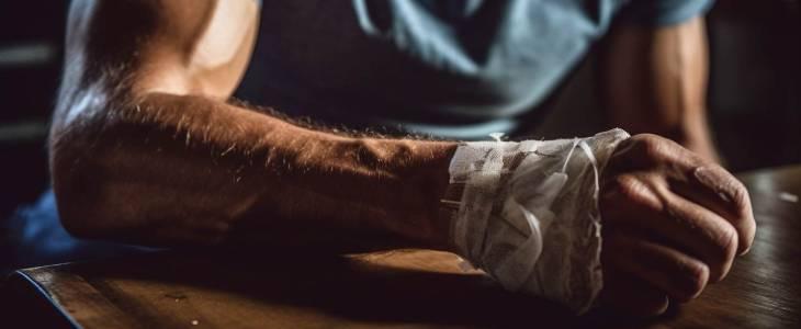 Man with crushed hand wrapped in gauze.