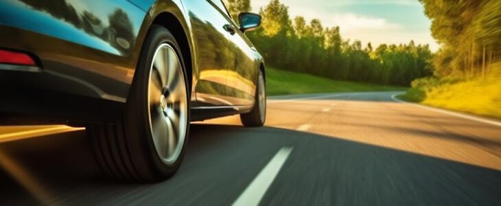 Car driving on a winding road through a forested area.