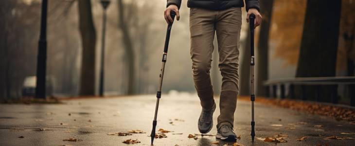 Man walking down a cloudy street with two canes.