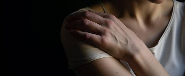 Woman's hand resting on her shoulder.