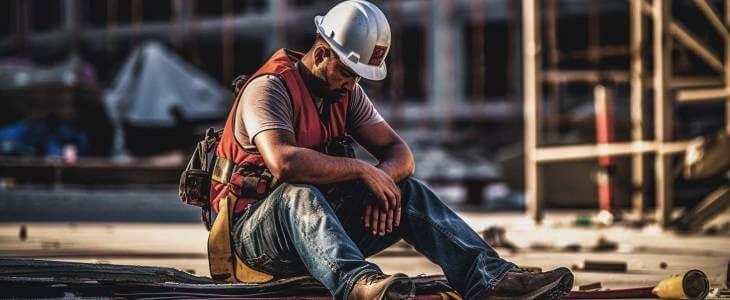 Injured construction worker contemplating his next steps after an accident.